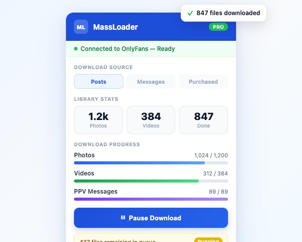 MassLoader for OnlyFans extension in action — bulk downloading videos and photos